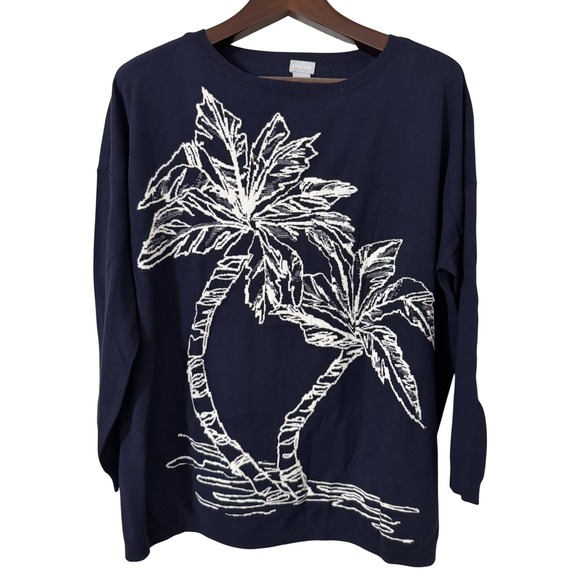 Chico's Sweaters - Chicos Navy Blue Palm Tree Long Sleeve Knit Sweater Tunic Women's XL